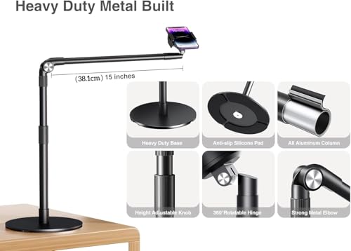elitehood Heavy Duty Aluminum Overhead Phone Stand, 15 in Long Arm iPhone Holder for Video Recording, 360 Degrees Swivel Tilt Overhead Phone Mount for Filming, Meeting, Cooking, Painting and Crafting - style: Desk Stand