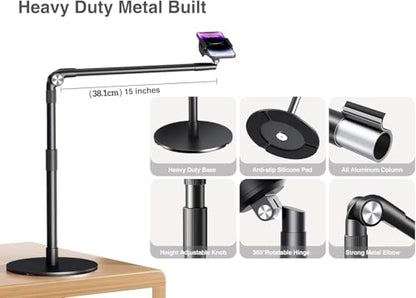 elitehood Heavy Duty Aluminum Overhead Phone Stand, 15 in Long Arm iPhone Holder for Video Recording, 360 Degrees Swivel Tilt Overhead Phone Mount for Filming, Meeting, Cooking, Painting and Crafting - style: Desk Stand