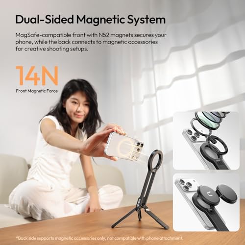 ULANZI MA57 Magnetic Phone Tripod for iPhone - Portable Mini Tripod for MagSafe Pocket Cell Phone Stand, Strong Magnet Quick Mount Foldable Hook Compatible with iPhone 17 16 15 14 13 12 Series, Black