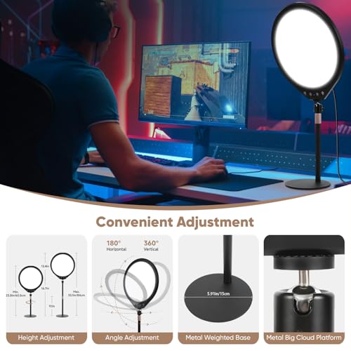 10W 12" Ring Light with Desk Stand & Phone Holder, Dimmable 360° Rotatable LED Full Screen Computer Lamp for Zoom Meetings, Streaming, Gaming, TikTok,YouTube,Videos with Night Light Mode