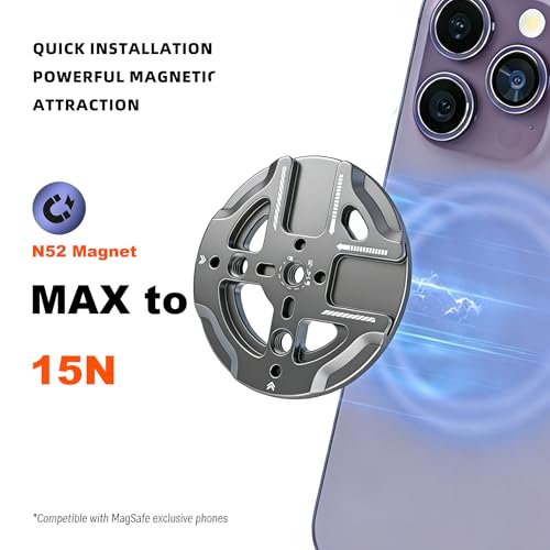 Magnetic Phone Mount Plate with 1/4"-20 Thread & Cold Shoe, N52 Strong Magnet 15N Hold, Aluminum Camera Mount Adapter for iPhone MagSafe, Tripod, Ball Head, Vlogging & Filming Rig (Gray) - color: Gray