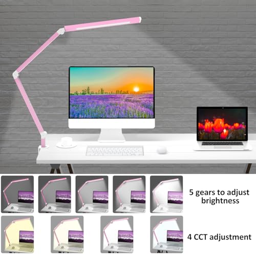 Micomlan Architect Desk Lamp with Clamp, Led Desk Lamp with Dual Light Bars and Adjustable Swing Arm, Clip-on Stepless Dimming Table Light Computer Lighting for Home Office Sewing Painting Hobby - color: Pink+Touch