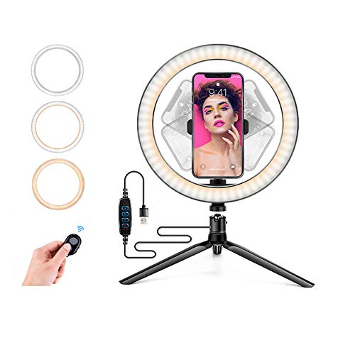 Ring Light with Stand OEBLD Dimmable Desk Selfie Ring Light with Phone Holder for Video Photography Remote Control for Makeup Live Streaming YouTube Lighting (D(10.2''Ring Light & Tripod)) - size: D(10.2