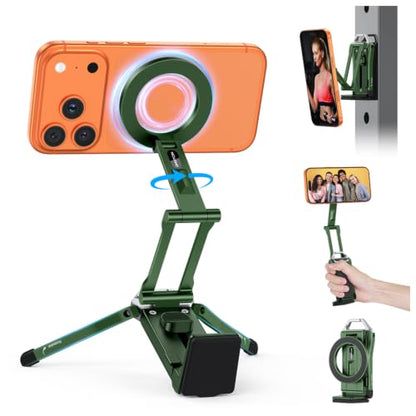 OMOTON TP02 360°Rotating for MagSafe Tripod Mount, Adjustable Aluminum Magnetic Phone Tripod for iPhone 17/16/15/14 Pro Max Air, Foldable Cell Phone Stand Fits Vlog, Gym, Travel Essentials, Green - color: 6-Green