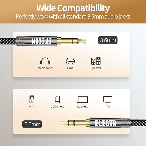Elecan 3.5mm AUX Cable 0.6 Ft/2 Pack (Hi-Fi Sound-Zinc Alloy Case-OD 3.5MM-Ultra Slim&Soft) Short Auxiliary Stereo Audio Cable Braided 1/8 inch 3.5 mm AUX Cord for Headphone, Home Stereo,Speaker,Phone - size: 0.6FT-2PK, style: Straight to Straight