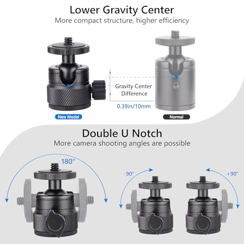 Mini Ball Head, CNC All Metal Aluminum Universal Panoramic Tripod Head Mount for Compact DSLR Action Cam Phone LED Ring Light Monopod Slider, 4.4lb Max Load
