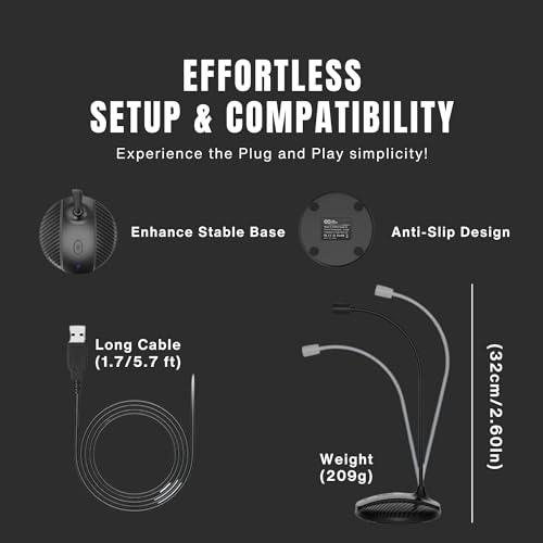 Gooseneck USB Microphone for PC - Plug & Play Computer Mic With Mute Button - Condenser Gaming Microphone - Omnidirectional USB