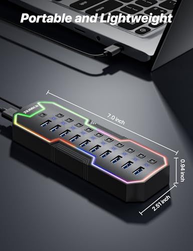ZIUMIER Powered USB Hub, 10 Ports USB 3.0 Hub with RGB LED Strip | 12V/2A Power Adapter USB Extension,Individual LED On/Off Switches for Mac, PC, Desktop, Flash Drive, Mobile HDD