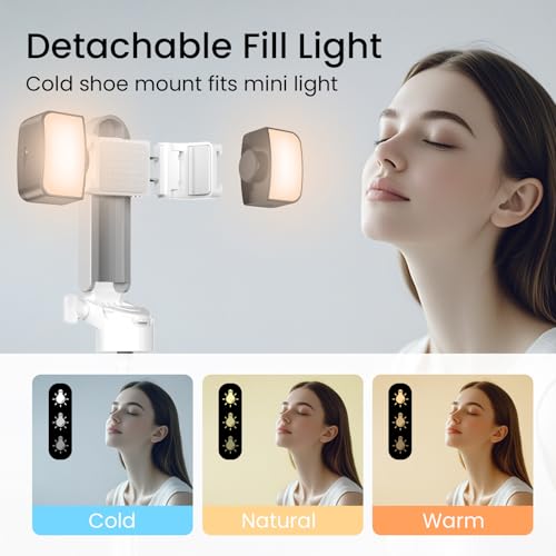 Selfie Stick Tripod with Fill Light & Bluetooth Remote | 3-in-1 portable selfie stick, tripod stand & fill light. Bluetooth remote, 360° rotation. Compact foldable design for travel - color: White, style: Lighted model