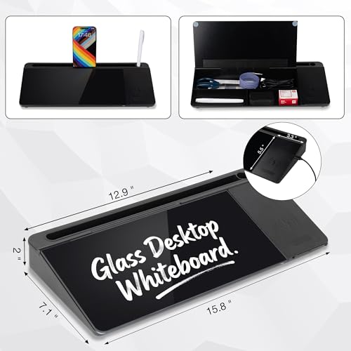 Glass Desktop Whiteboard with Wireless Charger & Storage, Desk Dry Erase Note Memo Board, Compact Desk Organizer for Desk, Home, Study, Office, Back to School Supplies, Black, 2026 - color: Black Wireless Charger