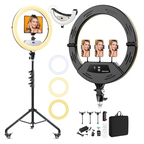 22" Foldable Ring Light with Stand 75" Tripod & Lockable Wheel/LED Display, for Live Tattoo Makeup Video Recording Barber Photography - size: 22 inch