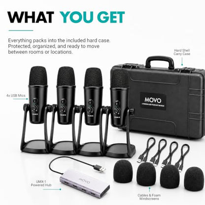 Movo 4-Person USB Podcast Equipment Bundle – 4 Condenser Mics, Hub & Case | Built-in Headphone Monitoring. Plug-and-play with Zoom, OBS & Audacity on Mac/Windows. Ideal for interviews & streaming. - style: with 4 Mics (Black)