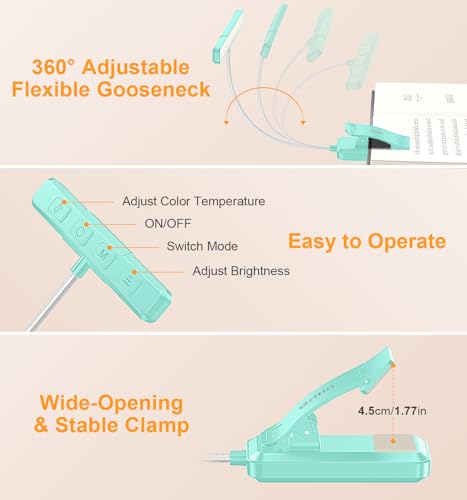 Gritin 2026 Gen 2 Book Light for Reading- 32 Eye Caring Full Spectrum LED | 5 Colors & 5 Brightness, Adjustable Wide/Narrow Beam, Upgrade 1500mAh Long-Lasting Rechargeable Clip on Light-Blue - color: Blue