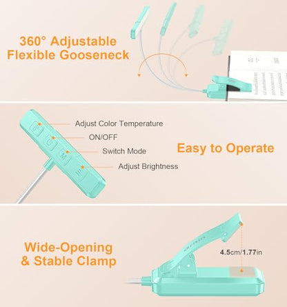 Gritin 2026 Gen 2 Book Light for Reading- 32 Eye Caring Full Spectrum LED | 5 Colors & 5 Brightness, Adjustable Wide/Narrow Beam, Upgrade 1500mAh Long-Lasting Rechargeable Clip on Light-Blue - color: Blue