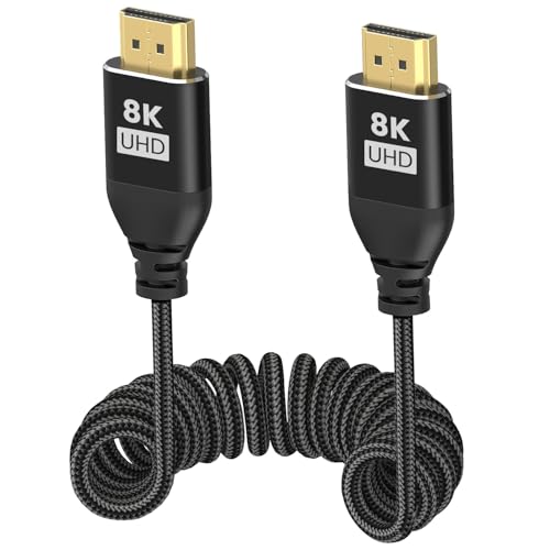 8K HDMI 2.1 Coiled Cable 1-4ft, 8K@60fps 4K@120fps 48Gbps Ultra High Speed HDMI Type A Braided Cord for ATOMOS Ninja V V+ Shogun Ultra, Sony A7S III/A1/FX3/FX6, Panasonic GH5, Canon EOS R5 C,Nikon Z93