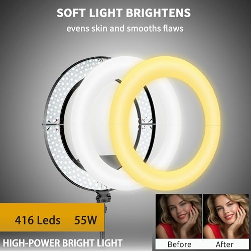 18" 55W Ring Light, High Brightness, No Bracket, Linkable on Wall-Mounted Triangular Arm, Ideal for Studios & Makeup, Live Streaming & Hair Salons, Best Beginner LED Light - size: 18 in ring light(No stand)