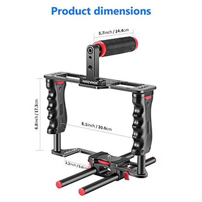 NEEWER Camera Video Cage Film Movie Making Kit, Aluminum Alloy with Top Handle, Dual Hand Grip, Two 15mm Rods, Compatible with Canon Sony Fujifilm Nikon DSLR Camera and Camcorder (Black + Red) - style: CG -MF Red
