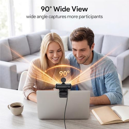 1080P Webcam with Microphone Noise Reduction, Auto Exposure, 90°FOV Wide Angle, Privacy Cover, USB-A to C Adapter, Plug & Play Streaming Camera for PC/Mac/Switch 2, Zoom/Teams/Skype/Meetings