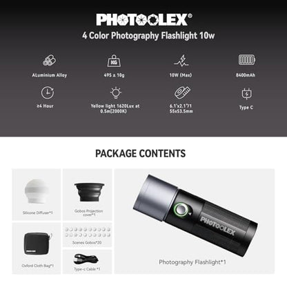 PHOTOOLEX RGB Photography Flashlight, 10W Fill Light, Studio Spotlight | 8400mAh/4 Colors/CRI96+/20 Aluminum Gobos/Portable/Silicone Diffuser, for Creating an Photo Atmosphere, Content Creation