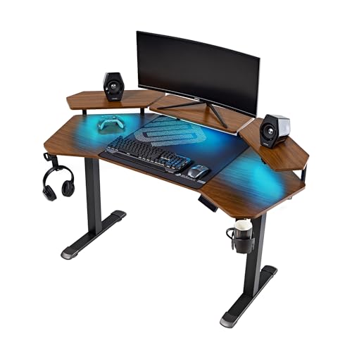 EUREKA ERGONOMIC Aero 55 Inch W Shaped Electric Standing Desk, Height Adjustable Computer Gaming Desk with LED Monitor Shelf, Mouse Pad, Headphone Hook, Cup Holder, Dark Walnut - color: Walnut, size: 55"W x 35"H-Adjustable