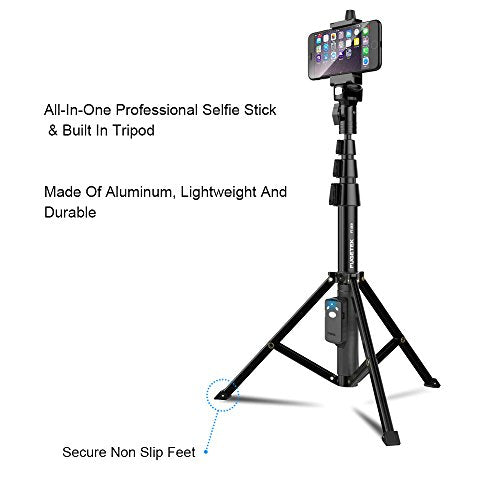 Fugetek 51" Professional Selfie Stick Tripod, 100% All Aluminum Stick & Legs, Lightweight, Detachable Bluetooth Remote, Portable All in One, Compatible with iPhone & Android, Non Skid Feet, Black - style: Tripod