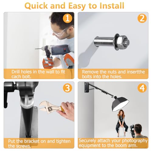 MACTREM Ring Light Wall Mount,44’’/110cm Wall Mounting Triangle Boom Arm for Strobe Light, Photography, Softbox, Reflector,Umbrella,Studio Video Light, Support 180°Rotation - size: 110cm