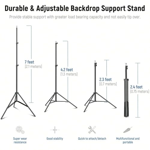 Adjustable Backdrop Stand, 10x7ft, Iron, with 4 Crossbars and 4 Clamps, Photography Studio Background Support for Party, Wedding, Birthday