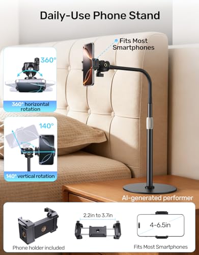 Webcam Tripod Stand with Phone Holder, Gooseneck Arm with 360° Ballhead for Desktop & Overhead Recording, Compatible with Logitech Cam C920 C922 C930e C960 C615 BRIO NexiGo N60 with 1/4'' Thread