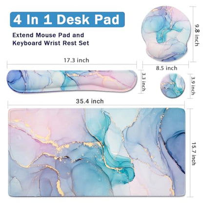 4-in-1 Gaming Mouse Pad Wrist Support Set，Desk Pad + Mouse Pad with Wrist Rest + Keyboard Wrist Rest + Coaster, Ergonomic Design for Home Office Study Game - Blue Marble - color: 4 Pcs Blue Marble