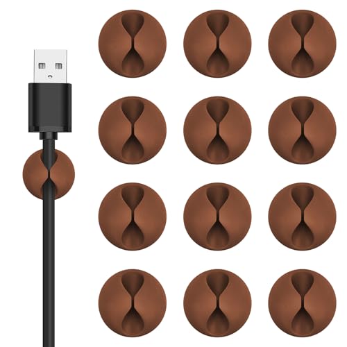 Flezoo Cord Holder Cable Clips, 12PCS Coffee Adhesive Cord Organizer Charger Holder Wire Management Keeper for Nightstand, Desk, Office or Mouse - color: Coffee