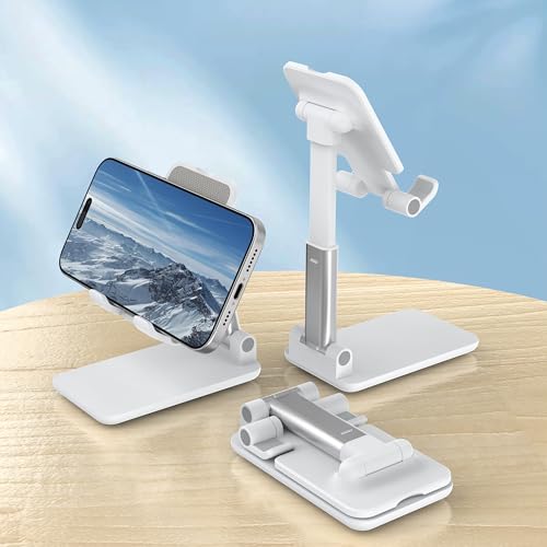 Cell Phone Stand, Adjustable Angle and Height Cell Phone Holder for Desk, Foldable and Portable, Anti-Slip Silicone Pad, Compatible with All Mobile Phones and 4-8 Inch Devices, White - color: White