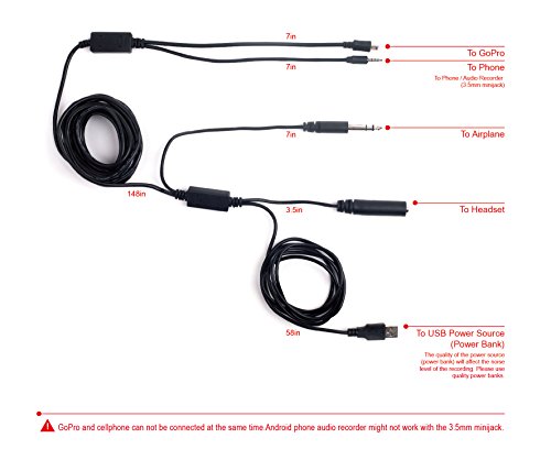 V2 18FT ATC Radio Audio Recording Cable with Dual Output for Gopro Phone Audio Recorder Extra Long 5meter Airplane Cockpit Intercom with USB Power HERO3 HERO3+ / HERO4, Needs Adapter For Newer Models