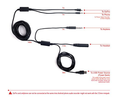 V2 18FT ATC Radio Audio Recording Cable with Dual Output for Gopro Phone Audio Recorder Extra Long 5meter Airplane Cockpit Intercom with USB Power HERO3 HERO3+ / HERO4, Needs Adapter For Newer Models
