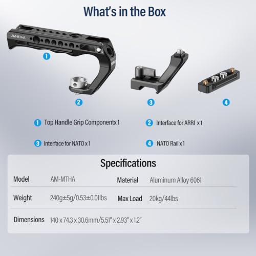 SIRUI Top Handle with Locating Mount for ARRI and NATO Mount, All-Aluminium Camera Cage Handle Grip with Cold Shoe with Safety Pin, Multiple Threaded Holes, AM-MTHA, Pack of 1