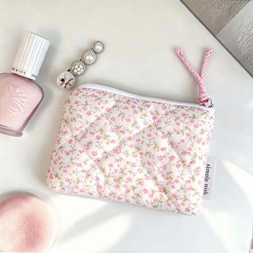 Cotton Quilted Floral Coin Purse Digital Camera Pouch with Cute Prints Zipper for Women Girls (PINK DISTY) - color: PINK DISTY
