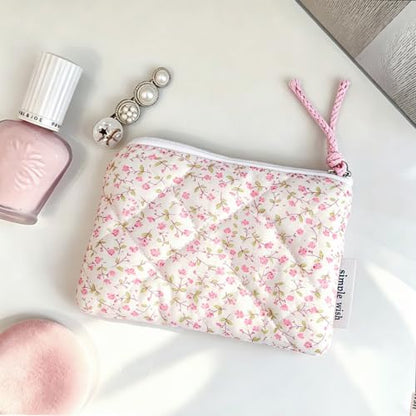 Cotton Quilted Floral Coin Purse Digital Camera Pouch with Cute Prints Zipper for Women Girls (PINK DISTY) - color: PINK DISTY