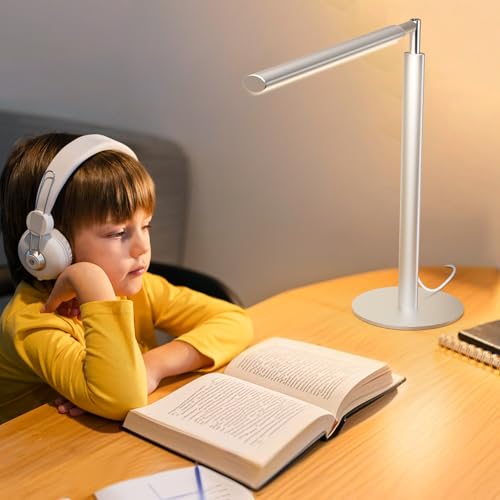 SIBRILLE Silver LED Desk Lamp, 16" Dimmable Metal Desk Light with Base, 15W 1200LM, Adapter Included, Color & Brightness Adjustable, Modern Tall Table Lamp for Home Office Reading Study Task Laptop - color: Silver