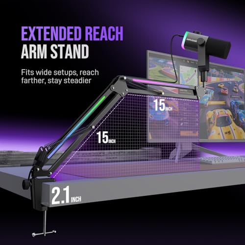 FIFINE Microphone Boom Arm, Metal Adjustable Mic Arm Stand with RGB Control, 3/8” to 5/8” Screw Adapter, Desk Mount Clamp, Suspension Scissor Mic Stand for Gaming Streaming Podcast-AmpliGame BM38 - color: Black