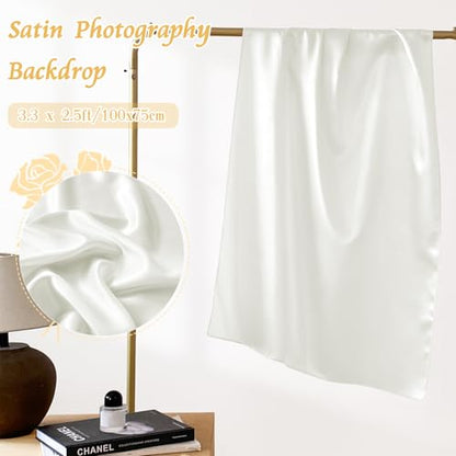 RUDONG M Satin Photography Backdrop, White, 3.3x2.5ft | Wrinkle-Free, Silky Fabric, For Jewelry/Cosmetics/Flat Lay/Studio, 100x75cm - color: White