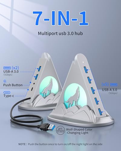 USB Hub 3.0, 7-Port USB Hub with RGB Night Light and Base, Vertical USB a Splitter for Desktop,Laptop, MacBook, Xbox, PS4/5, Game Console, Flash Drive, XPS, PC, Printer, Camera, Keyboard (Silver+Base) - color: Silver