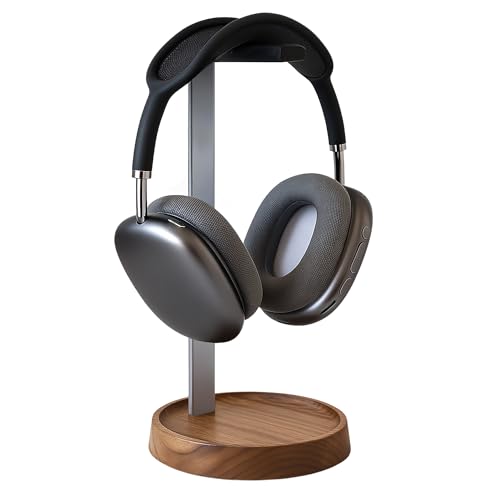 muso wood Walnut Headphone Stand, Universal Headset Stand with Storage Base, Wood Desktop Headphone Holder for Gaming Headset and Music Headset