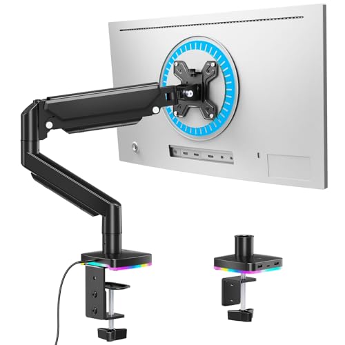 Afaloona Single Monitor Arm with RGB Lighting & 3 USB Ports, Gas Spring Monitor Mount for 13-32 Inch Screens up to 19.8lbs, Desk Mount with Charging & Data Transfer, Full Motion Adjustable - size: RGB Gas Spring Monitor Stand
