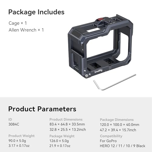 SMALLRIG Hero13 / Hero12 / Hero11 / Hero 10 / Hero 9 Black Cage for GoPro, Compatible with the Lens Filter Max Lens on Camera, with 2 Cold Shoe Mount for Microphone and Led Video Light - 3084C