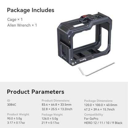 SMALLRIG Hero13 / Hero12 / Hero11 / Hero 10 / Hero 9 Black Cage for GoPro, Compatible with the Lens Filter Max Lens on Camera, with 2 Cold Shoe Mount for Microphone and Led Video Light - 3084C