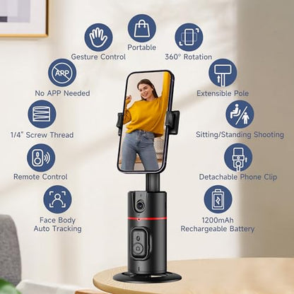 Auto Face Tracking Tripod, No App, Smart Shooting Phone Holder with Remote, 360° Rotation Body Phone Camera Mount with Phone Holder Body Smart Tracking Tripod for Vlog/TIK Tok - color: Black