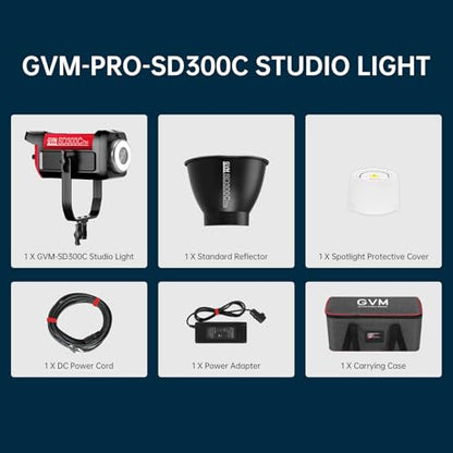 GVM 300C RGB Video Light, 300W Studio Light 2000K-10000K,48,200 Lux@ 1m with Reflector Photography Lighting with Bowens Mount & DMX Control, Studio Light for Film Recording,16 Lighting Effects - size: 300W