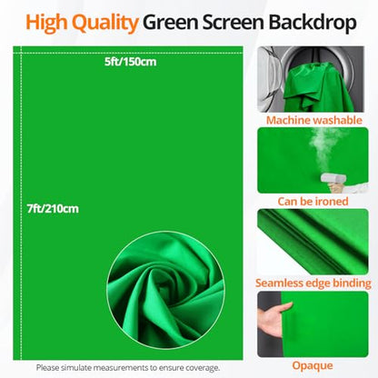 Green Screen Backdrop Kit, 5×7ft Portable Greenscreen Background with Adjustable T-Shaped Stand, 5 Clamps, Carrying Bag for Parties, Streaming, Photography, Zoom, Gaming, Video Studio - color: green