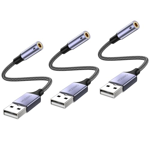 MOSWAG USB to 3.5mm Jack Audio Adapter,USB to Aux Cable with TRRS 4-Pole Mic-Supported Headphone AUX Adapter External Sound Card for PC PS4 PS5 and More (0.65Ft/20cm(3pack), Nylon Braided) - color: Black, size: 3 pack