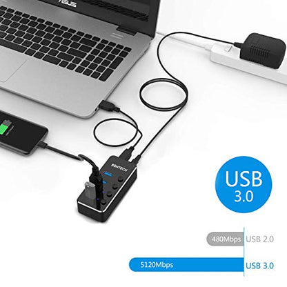 Powered USB Hub, RSHTECH 4 Port USB 3.0 Hub Splitter Portable Aluminum USB Data Hub Expander with Individual On/Off Switch and Universal 5V AC Adapter, 3.3ft USB 3.0 Cable (RSH-516) - size: 4-Port Powered USB 3.0 Hub
