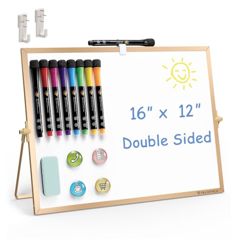 TSJ OFFICE Small White Board - 12 X 16 Inches Small Magnetic Dry Erase Board with Hooks for Wall, Desktop Whiteboard Stand 360 Degrees Revolving Double Sided for Office, Home, School, Gold - color: Gold, size: 16"W x 12"H